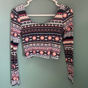 Bright colored tribal patterned long sleeve crop top